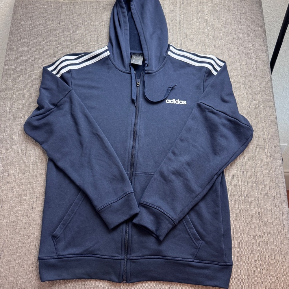 Adidas Mens Climalite Full Zip Hoodie Navy Blue 3-Stripe Sweatshirt Large